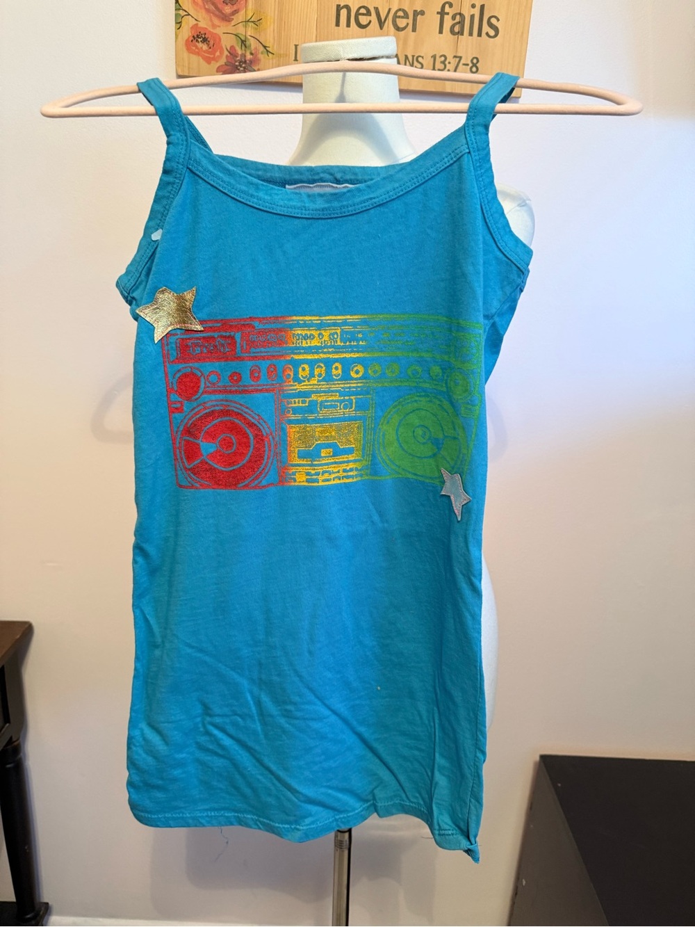 fresh Turquoise Tank Top with Rainbow Boombox & Gold Stars